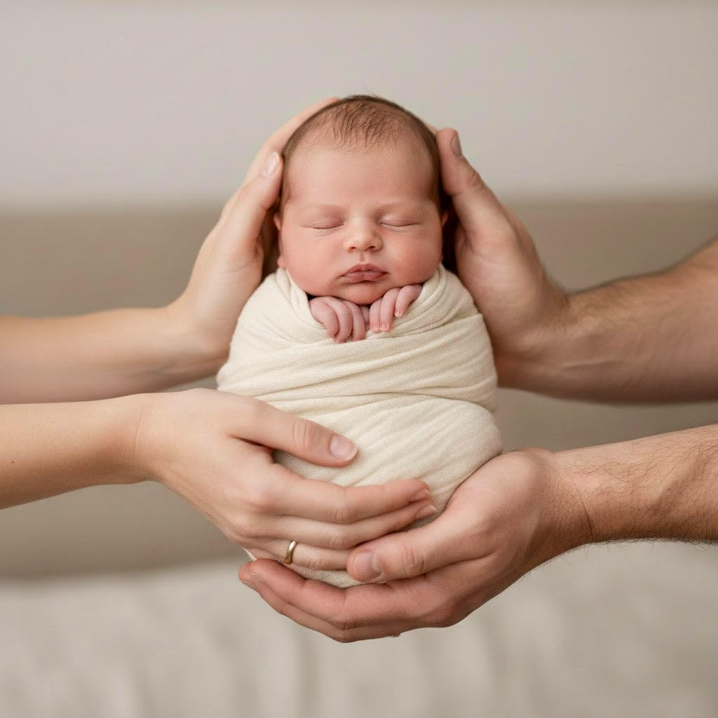 תינוק ניו-בורן עטוף וישן מוחזק בידיהם של הוריו.