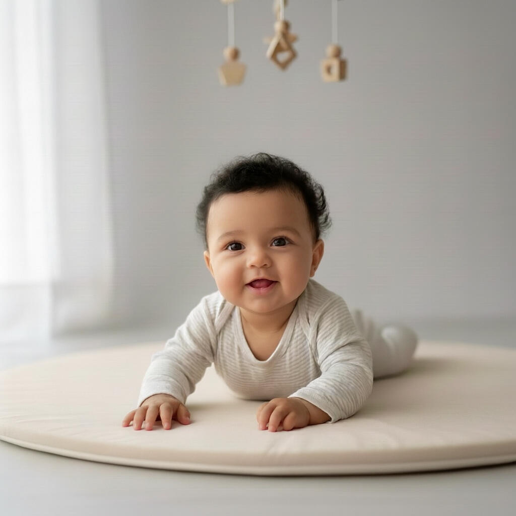 תינוק בגיל 3-6 חודשים שוכב על הבטן ומרים את הראש. התינוק מחייך.